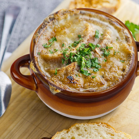 Adroiteet soup crocks with built-in handles for safe serving.