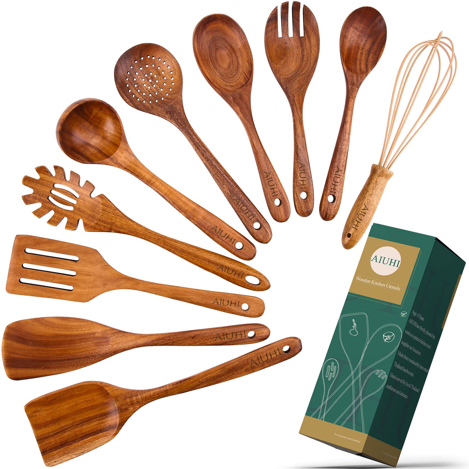 ADT AIUHI teak spoons full set on countertop, gentle on non-stick cookware