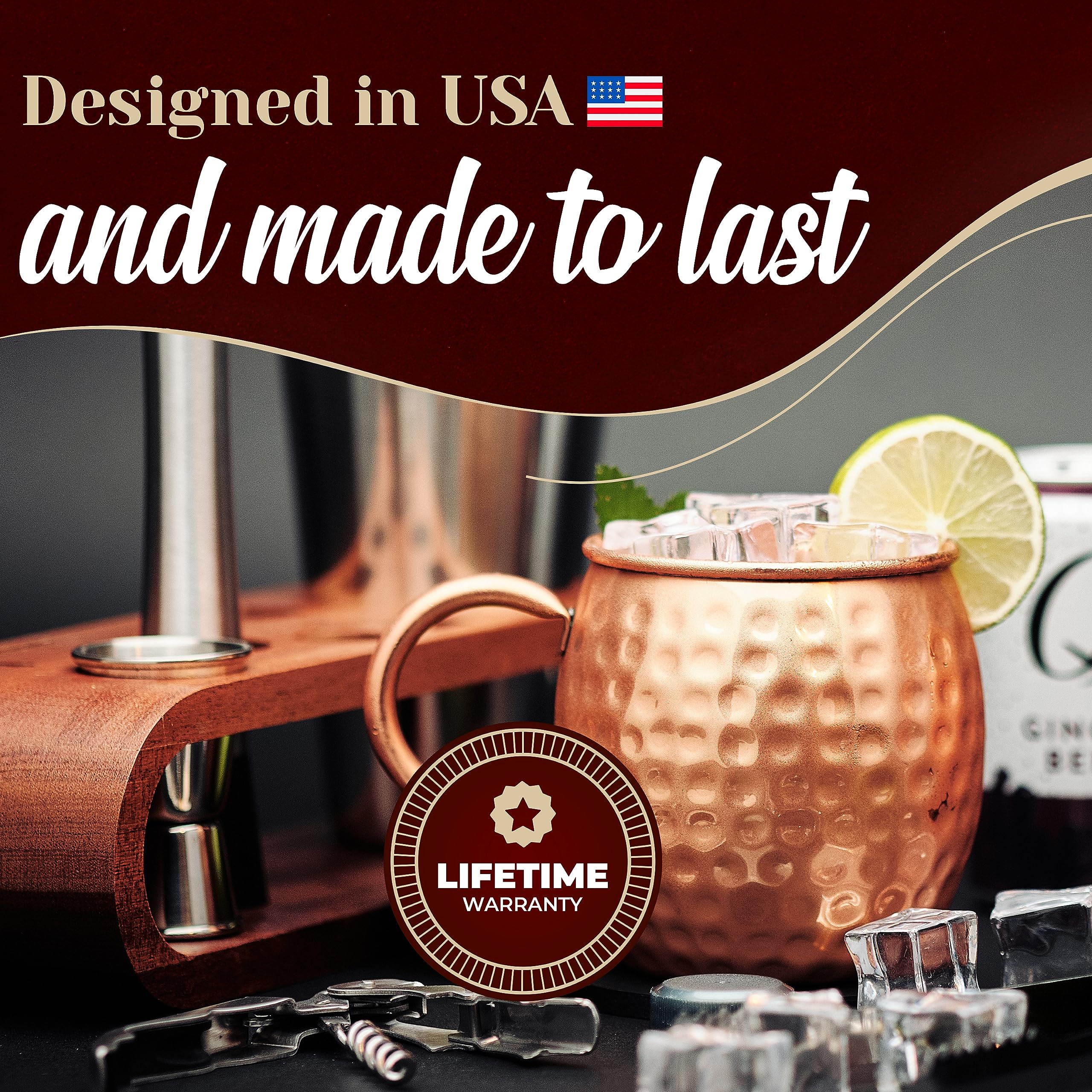 Included accessories: straws, coasters, and shot glass