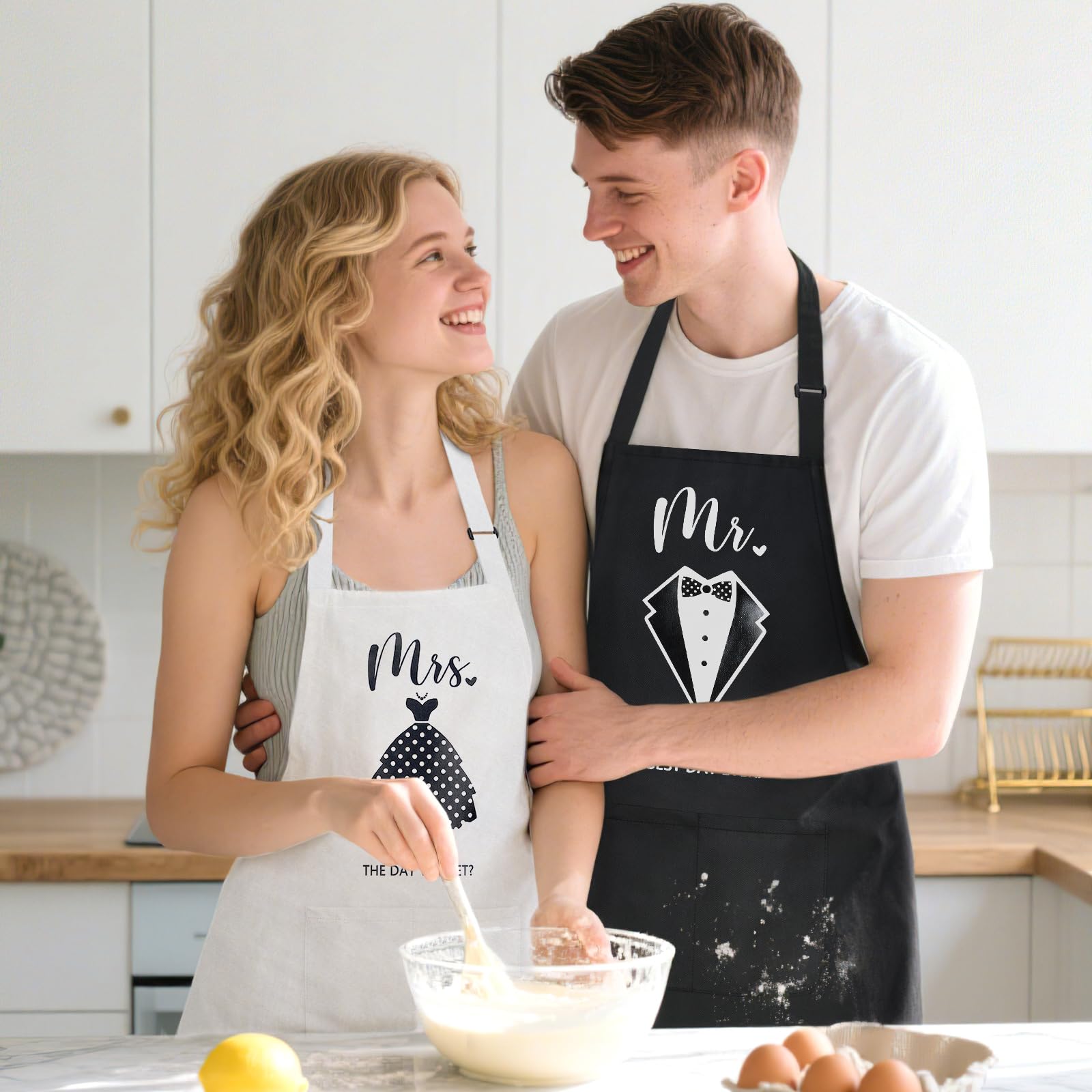 Adwaita Mr and Mrs aprons with large pockets and adjustable neck