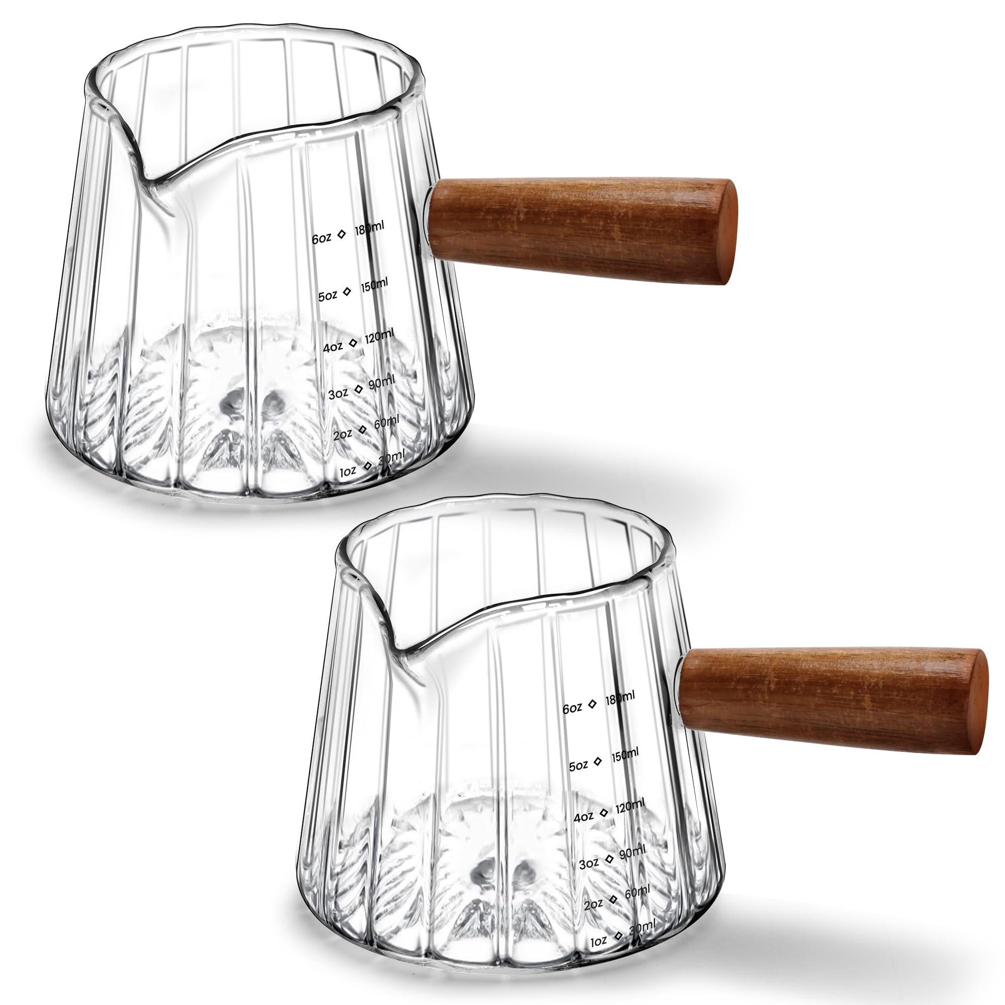 Aecsze espresso measuring cup with a wood handle for precise 6oz pours.