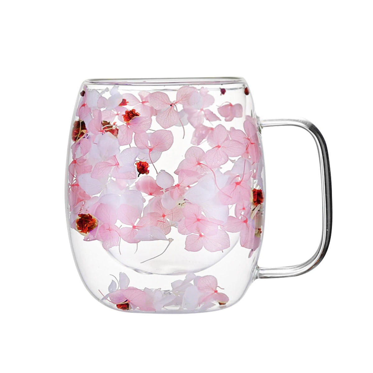 AecveXong double-wall glass mug with pink hydrangea keeps hot drinks cool to touch.