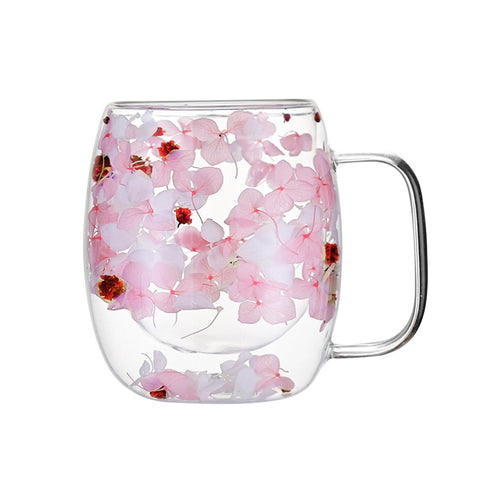 AecveXong double-wall glass mug with pink hydrangea keeps hot drinks cool to touch.