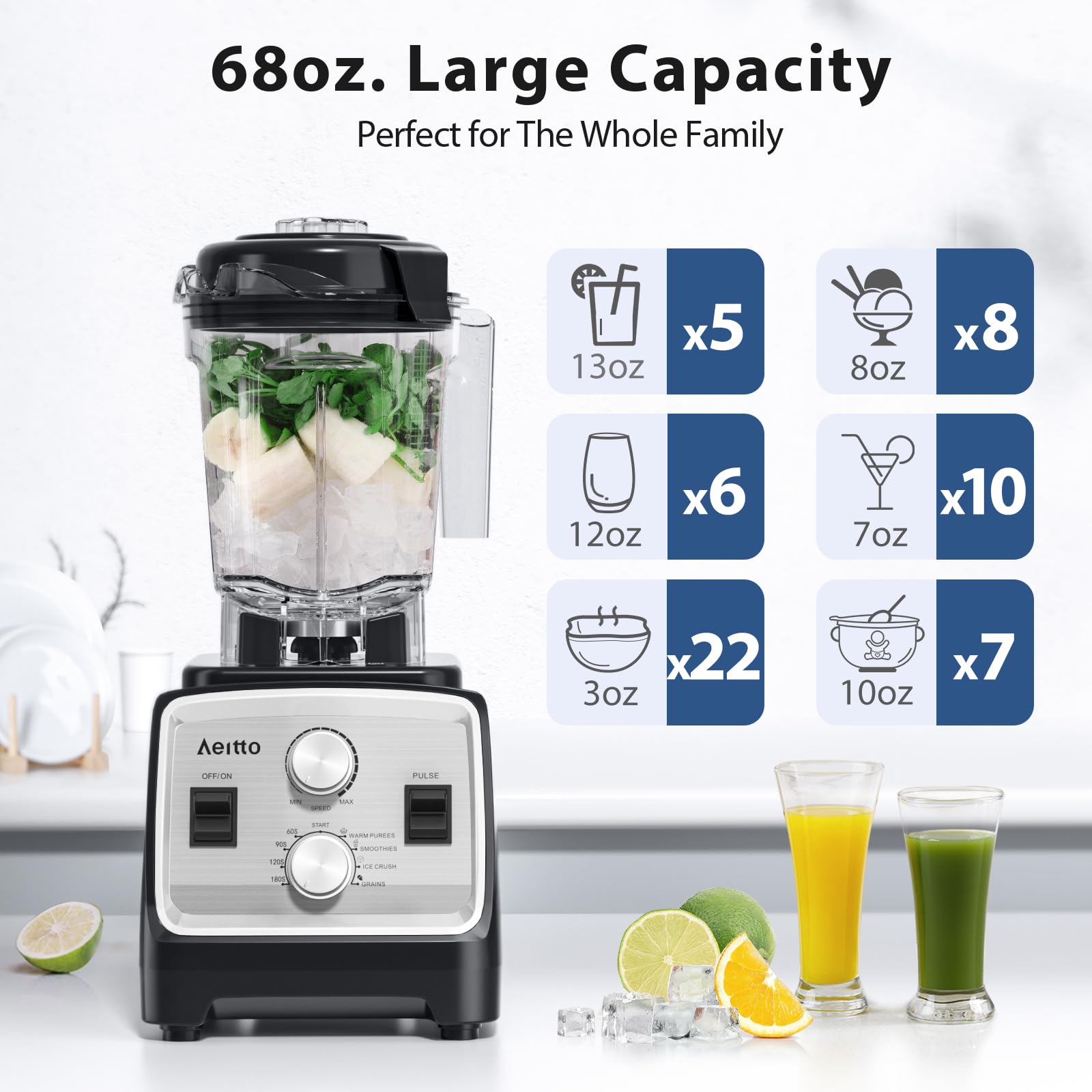 Aeitto blender 68oz large capacity jar for feeding the whole family.