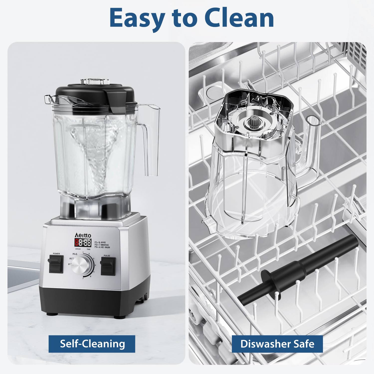Aeitto blender auto-clean feature simplifies cleanup after blending.