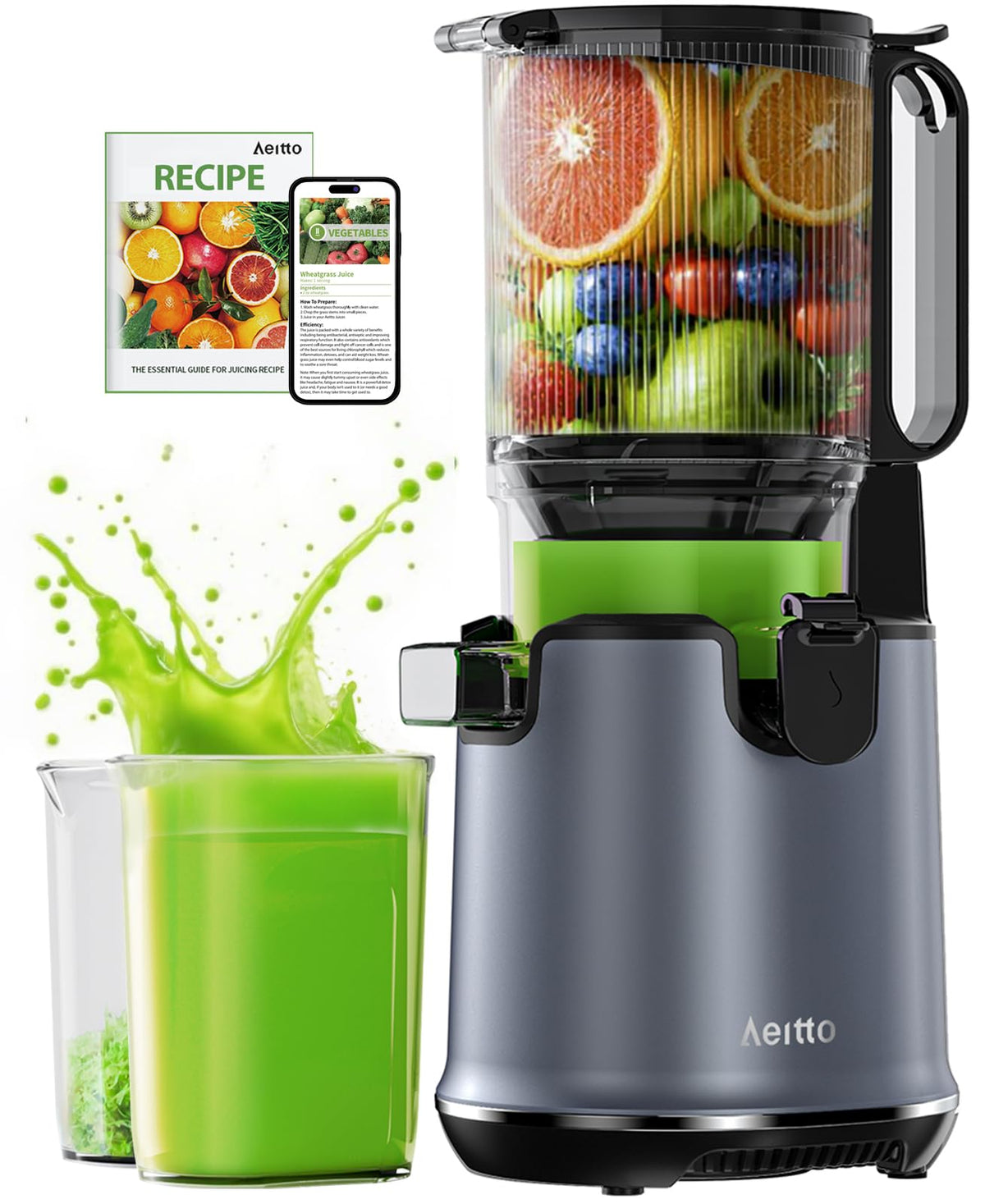 Aeitto juicer with a 5.8-inch feed chute for easy whole-fruit juicing