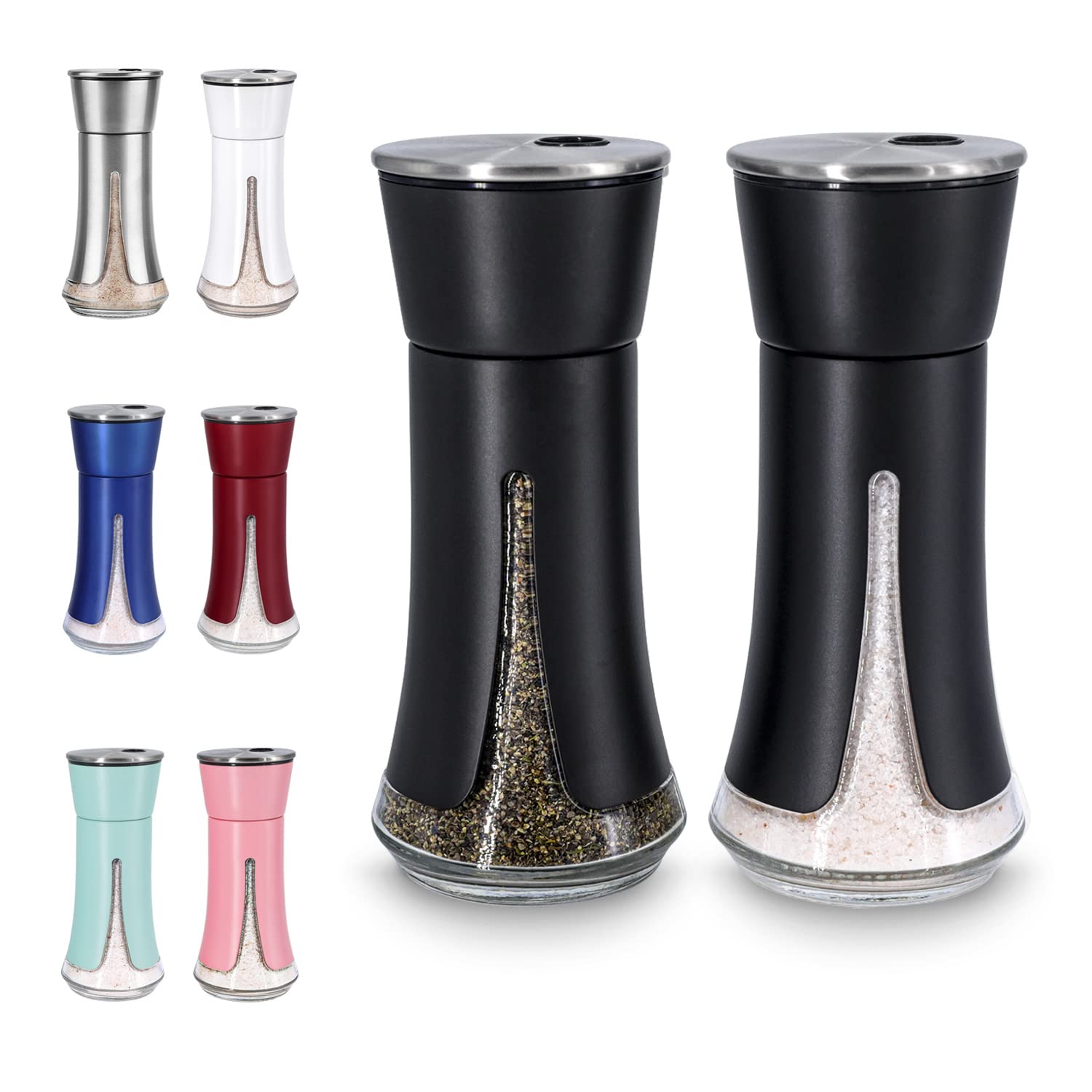 Aelga black salt and pepper shakers with adjustable holes for precise seasoning