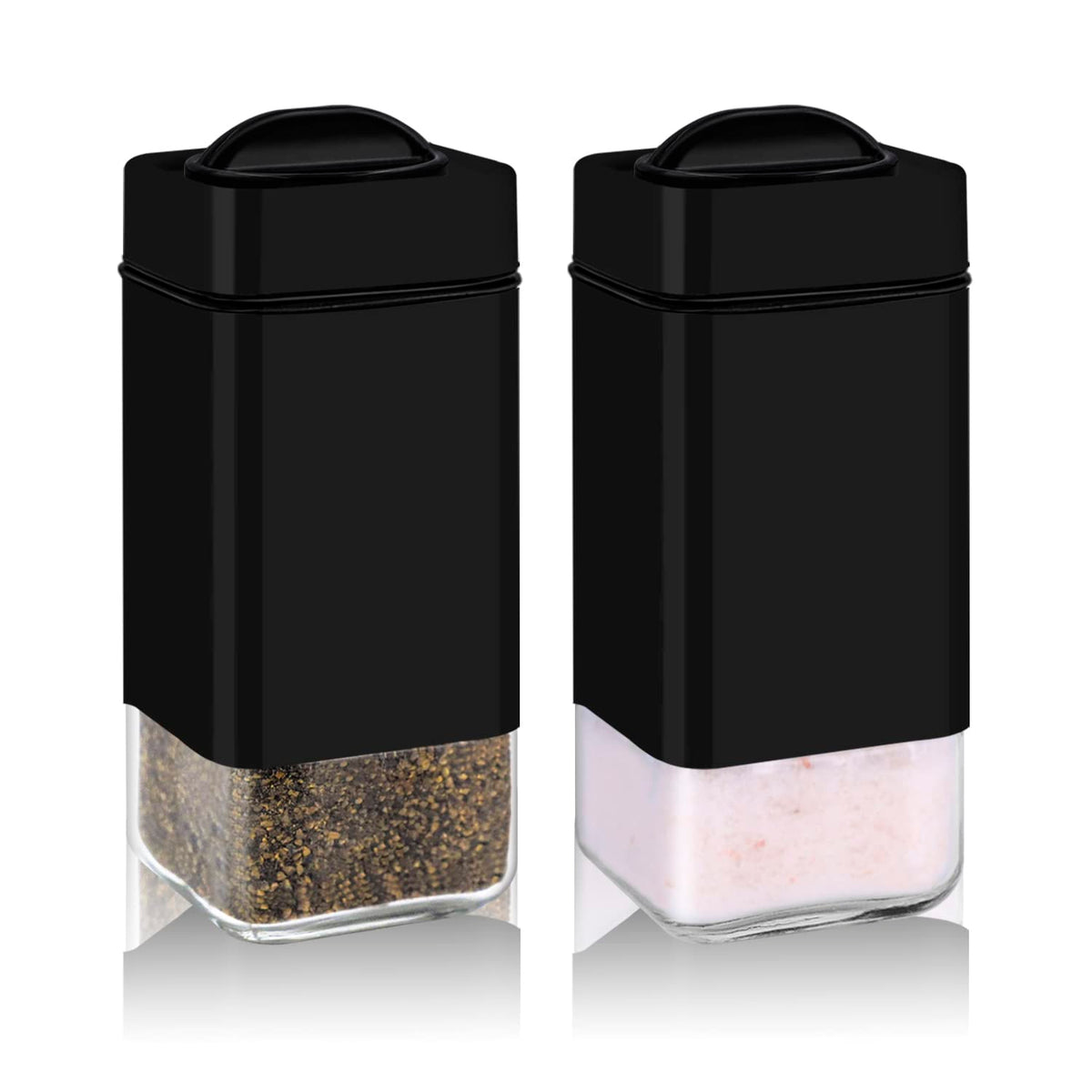 Aelga black salt and pepper shakers with adjustable pour holes for precise seasoning.