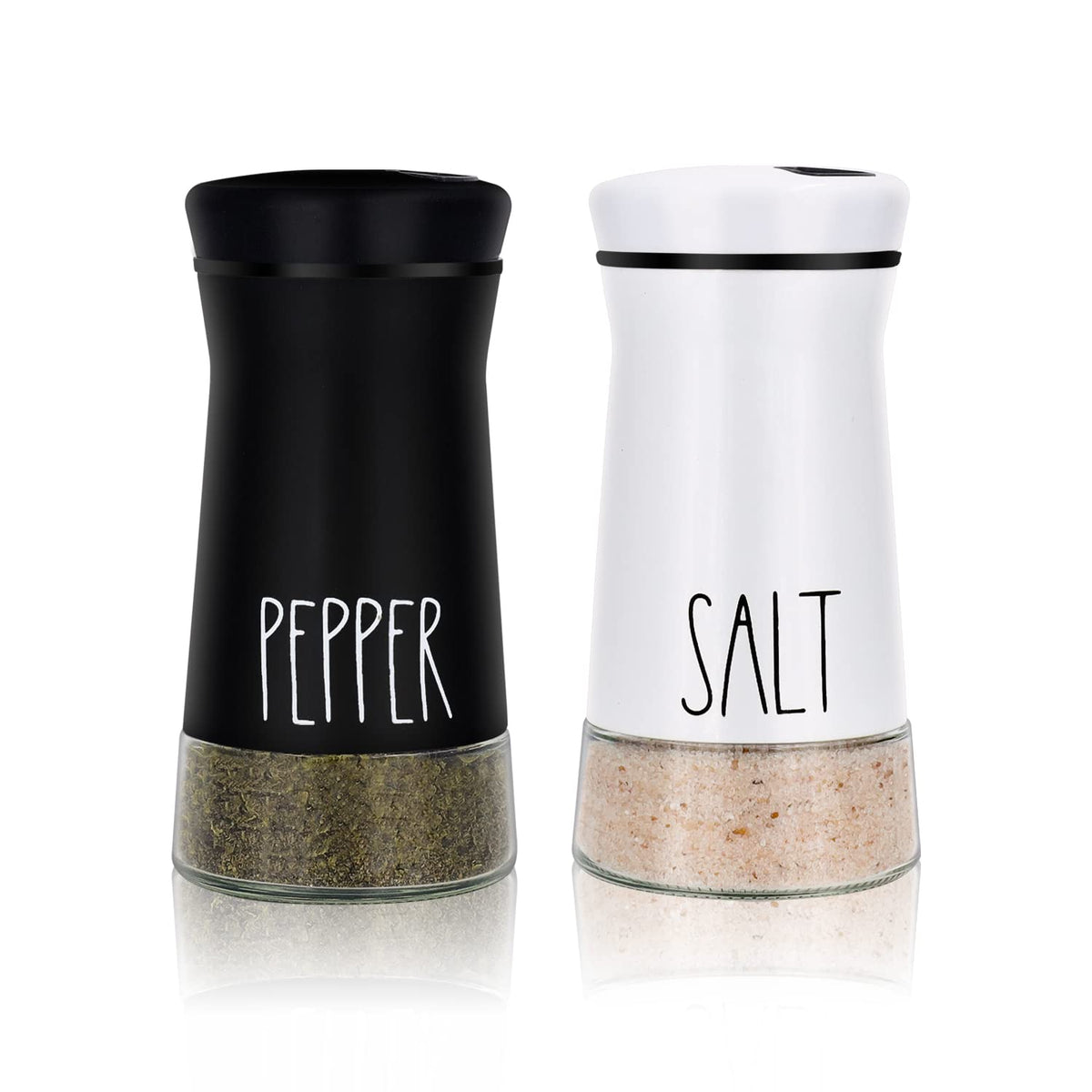 Aelga farmhouse salt and pepper shakers on table with versatile pour options