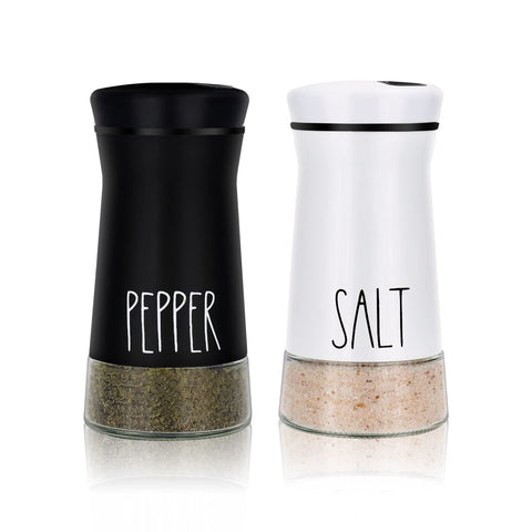 Aelga farmhouse salt and pepper shakers on table with versatile pour options