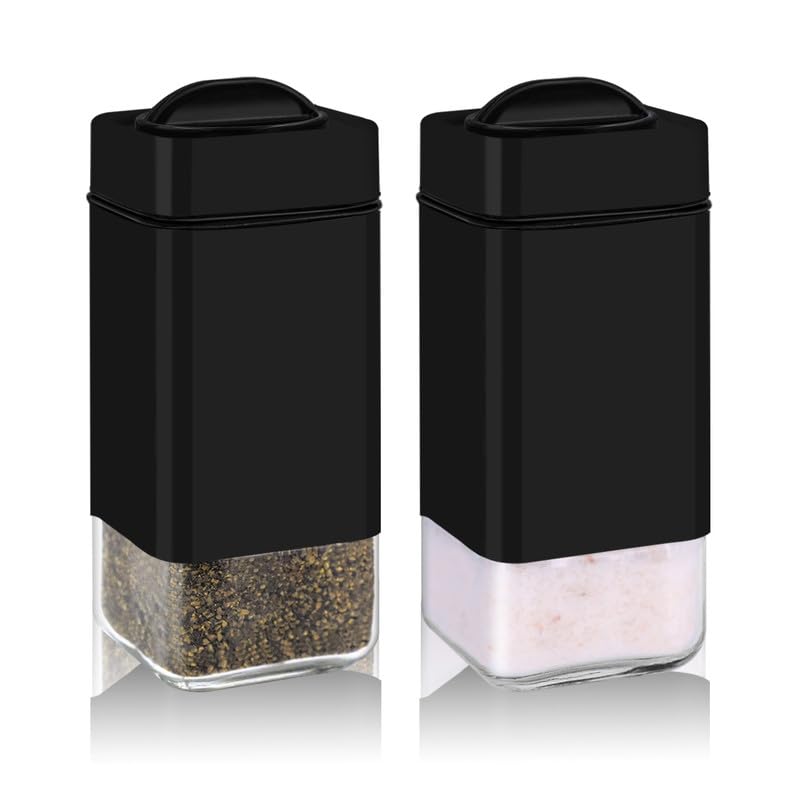Aelga glass shaker set with four-mode dial and stainless steel cap.