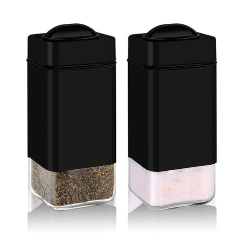 Aelga glass shaker set with four-mode dial and stainless steel cap.