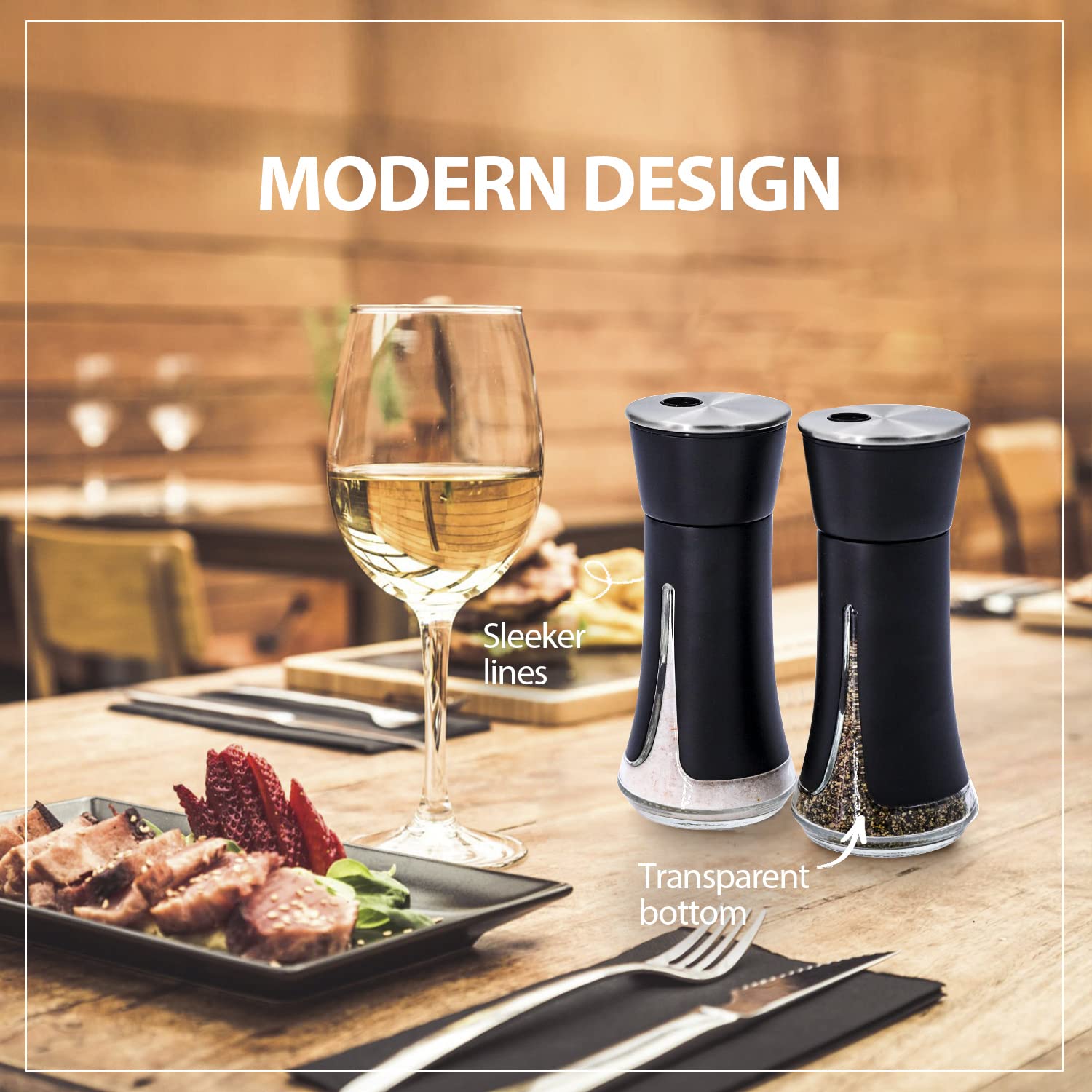Aelga shakers feature a modern stainless steel cap for sleek table appeal