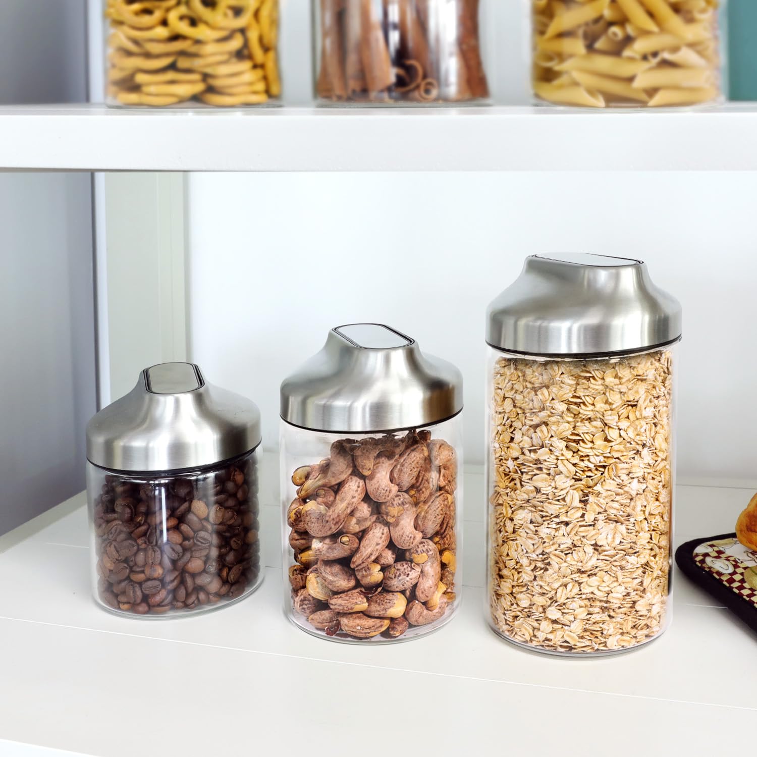 Aelga clear jars enhance pantry organization and countertop aesthetics.
