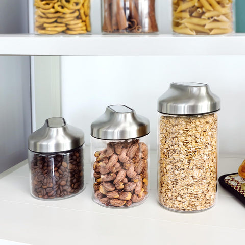 Aelga clear jars enhance pantry organization and countertop aesthetics.