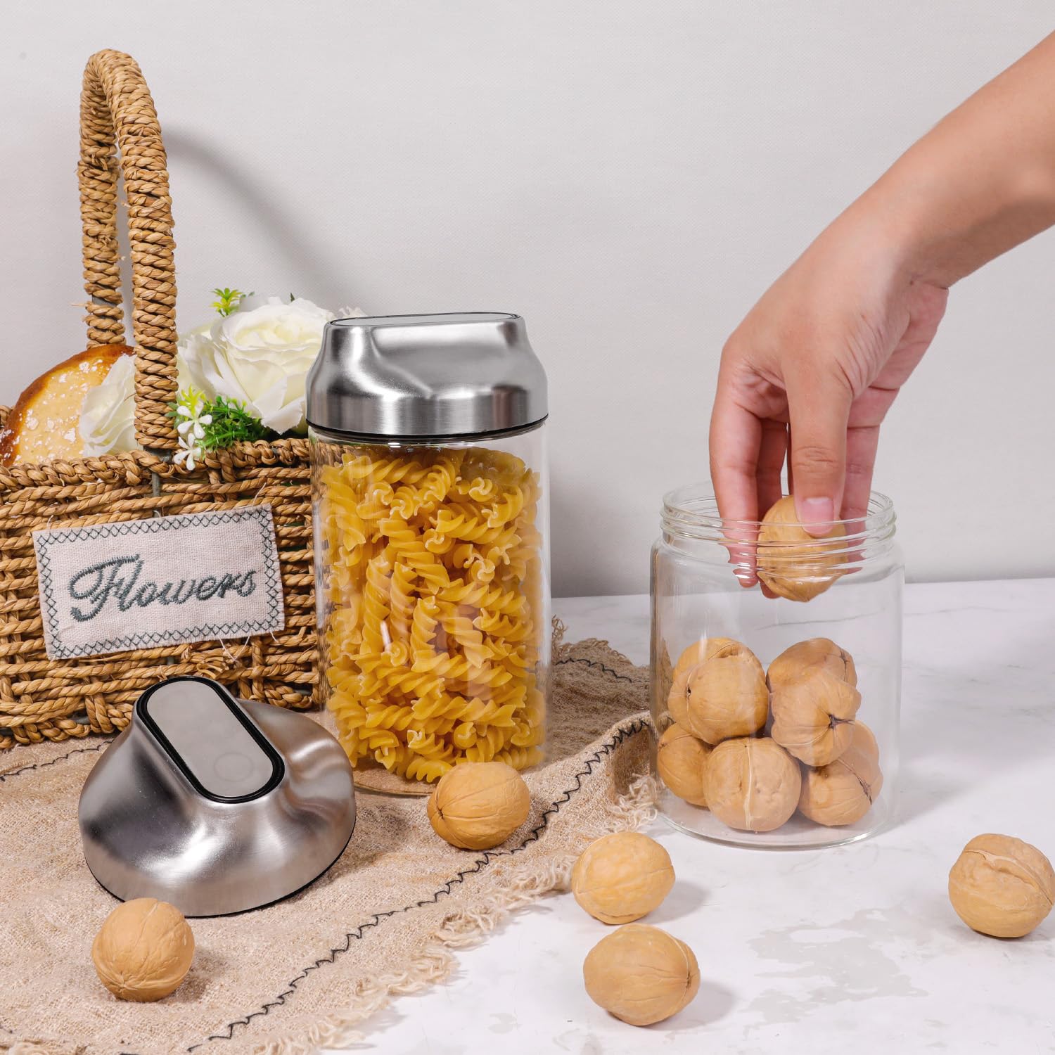 Aelga transparent glass helps monitor food levels at a glance.