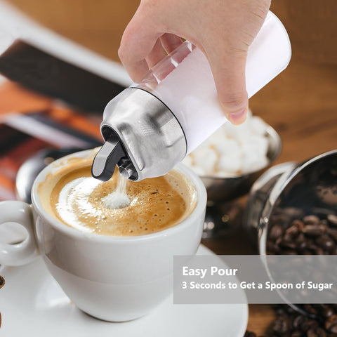 Aelga sugar dispenser with weighted pourer and stainless steel cap for steady flow