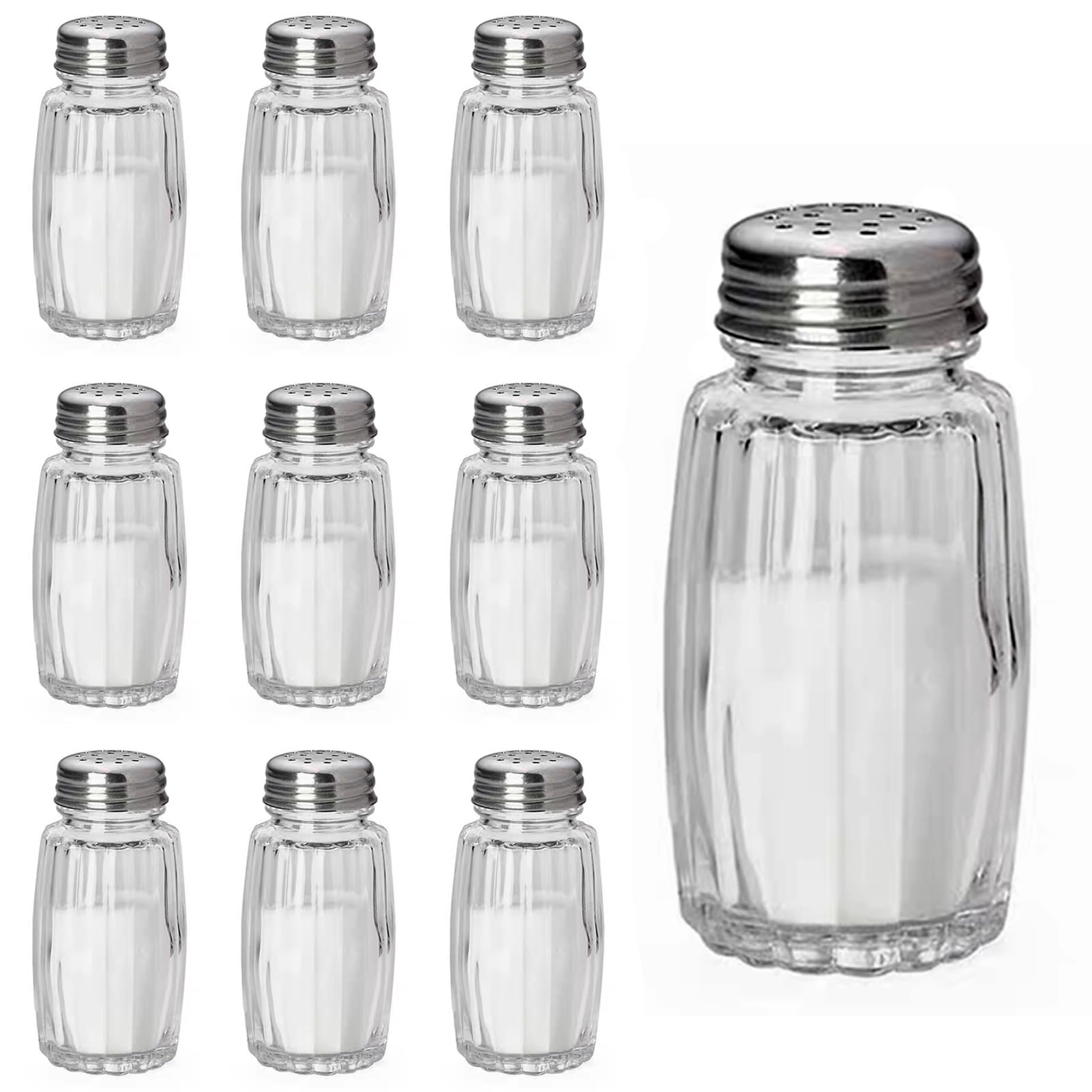 Aellabus 10pc salt and pepper shaker set in clear glass bottles for organized meals.