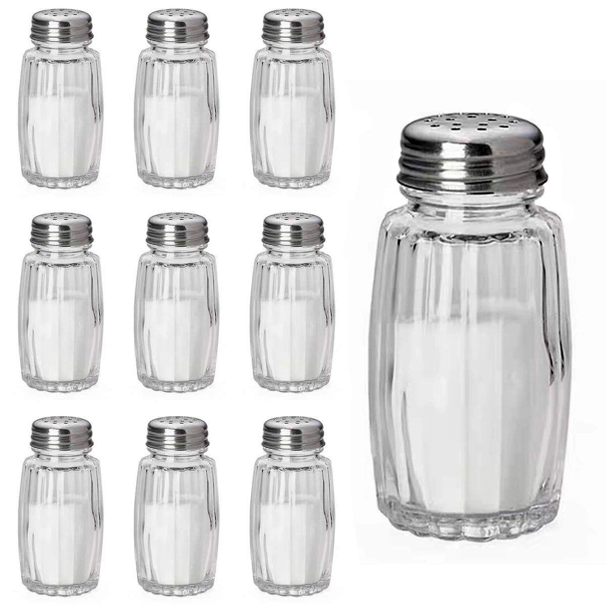Aellabus 10pc salt and pepper shaker set in clear glass bottles for organized meals.