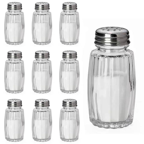 Aellabus 10pc salt and pepper shaker set in clear glass bottles for organized meals.