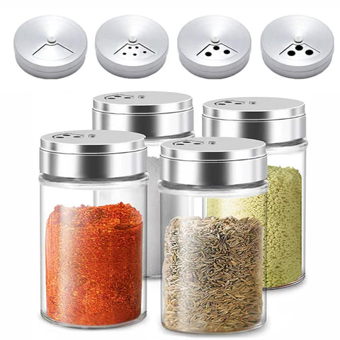 Aellabus 4-piece salt and pepper shakers set with clear glass bodies for easy seasoning.
