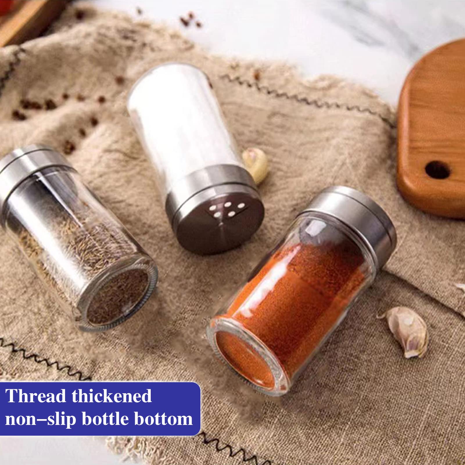 Aellabus glass shakers with stainless steel lids and precise pours for controlled seasoning.