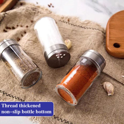 Aellabus glass shakers with stainless steel lids and precise pours for controlled seasoning.