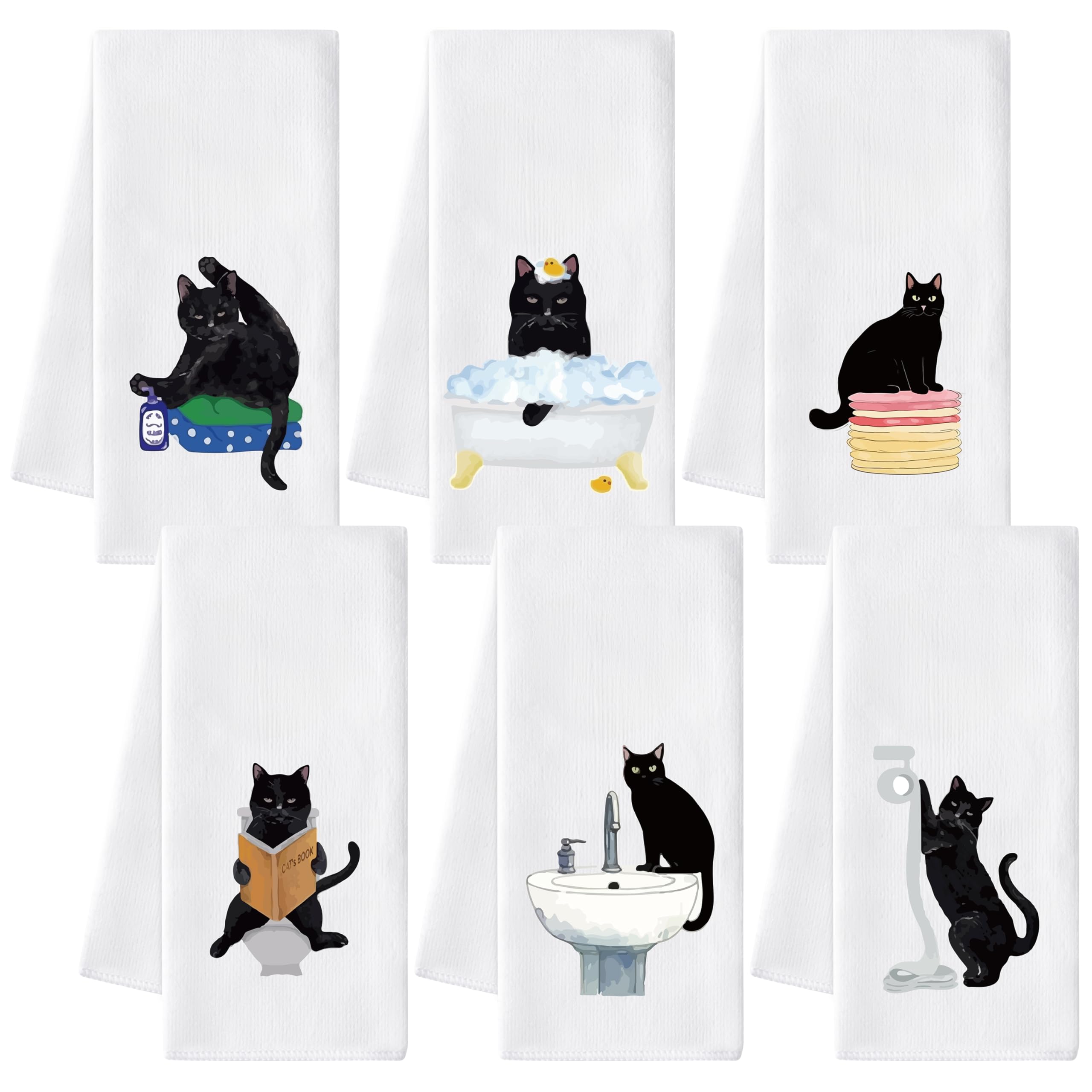AellasNervalt Black Cat towel set 6-piece product shot for stylish kitchen and bath decor