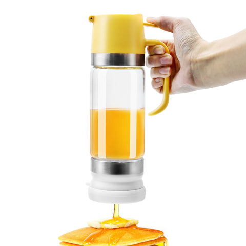Aeloer glass honey dispenser with no-drip stand for mess-free 12 oz pouring.