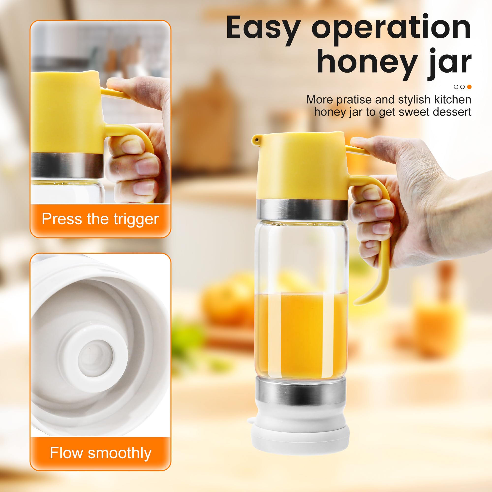 Aeloer sealed glass container preserves honey and syrup freshness.