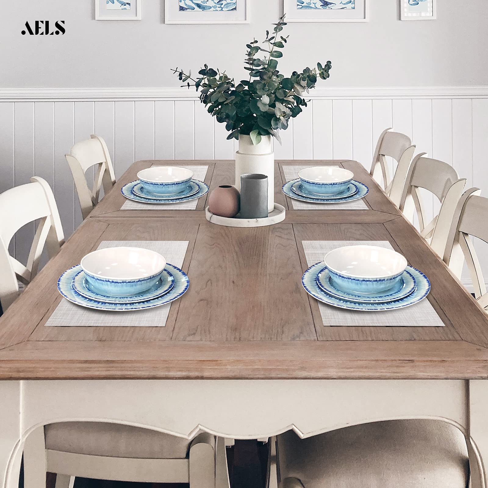 AELS melamine set on table showing blue textured finish for casual dining