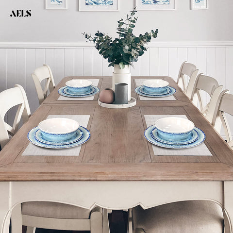 AELS melamine set on table showing blue textured finish for casual dining