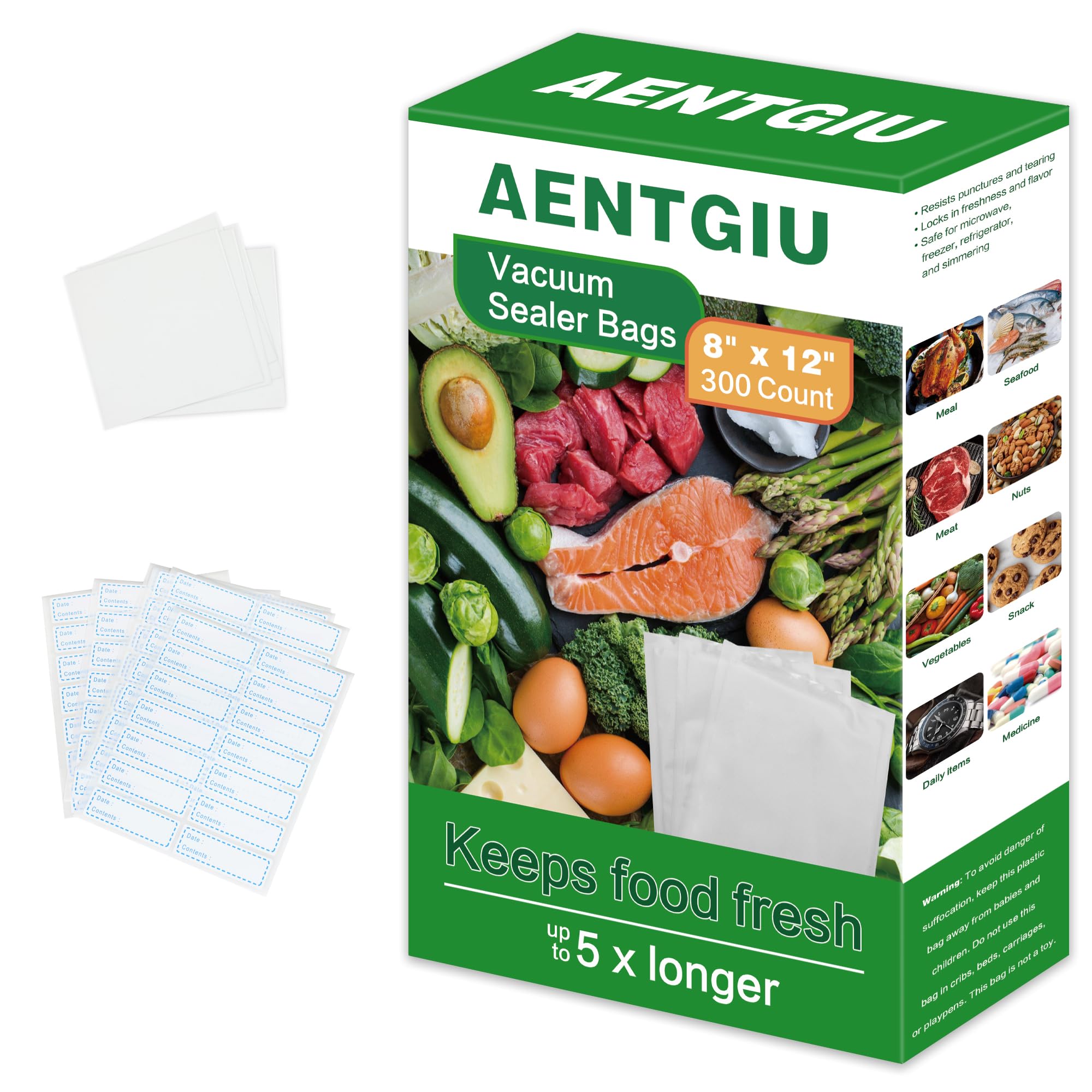AENTGIU 8x12 front-view bag shows a tight seal to preserve freshness.