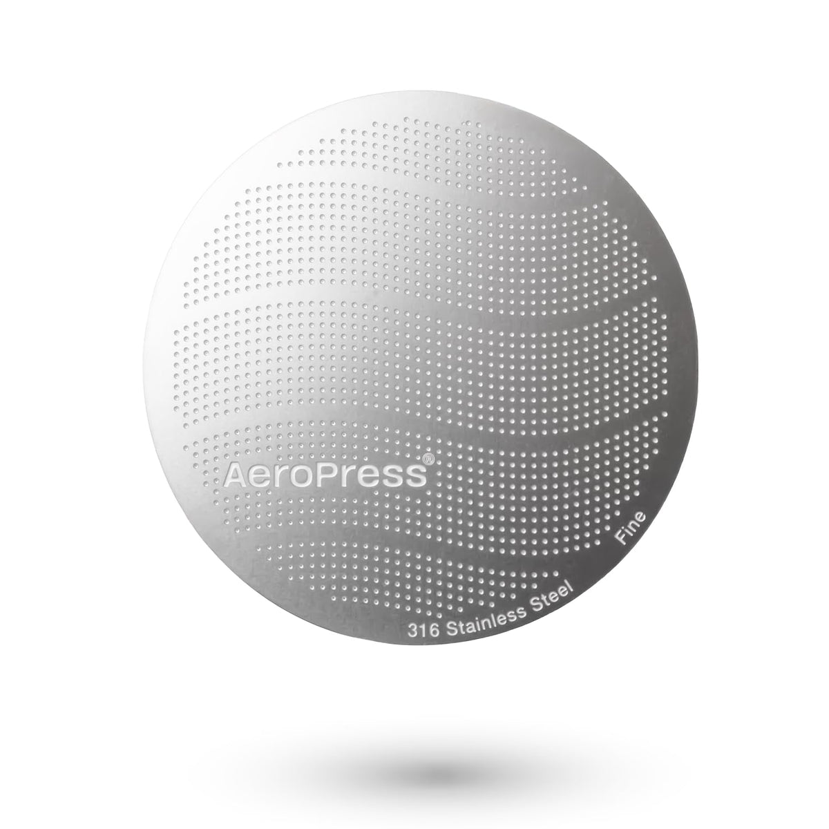 AeroPress 316 stainless steel filter close-up highlights durable, reusable filtration.