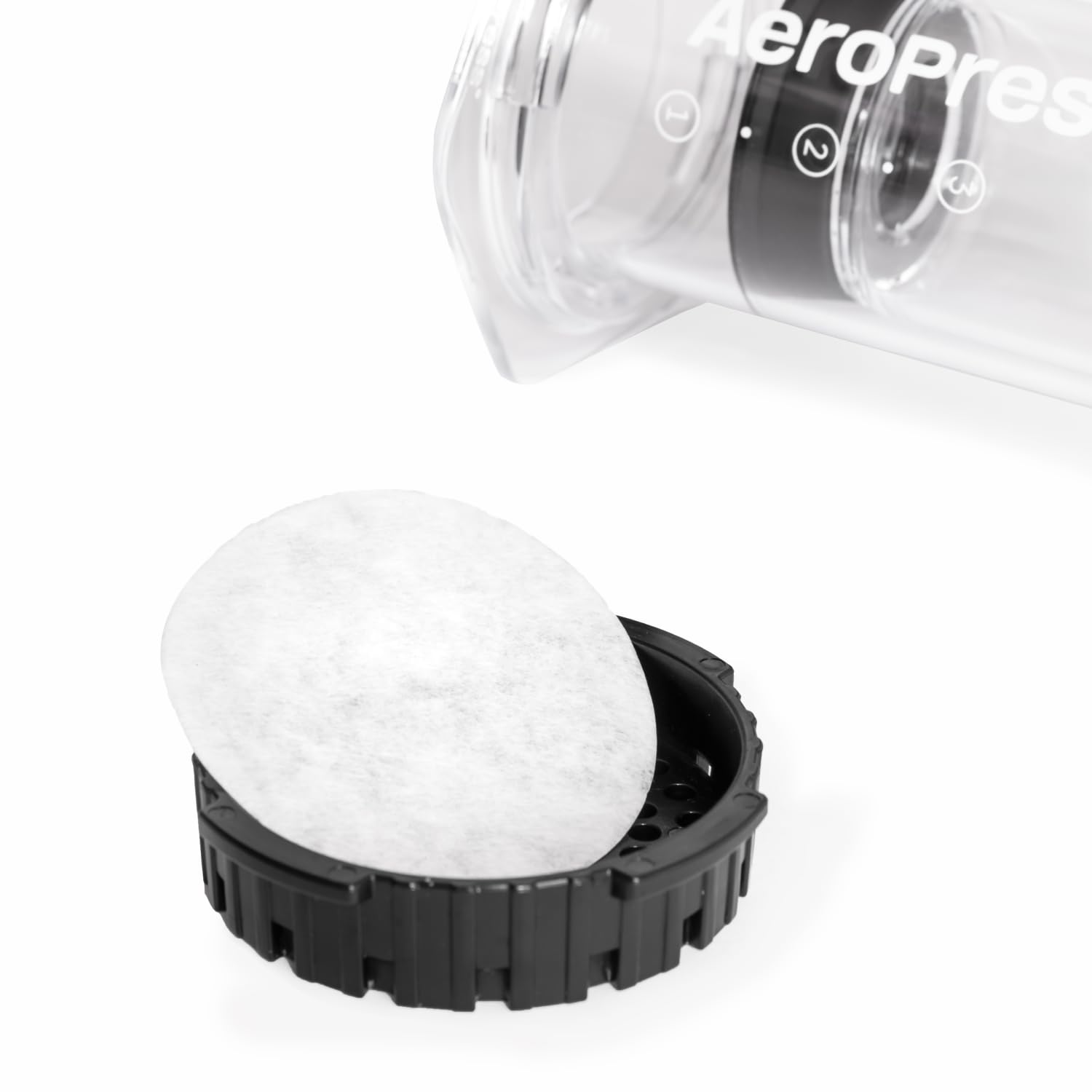 AeroPress compostable white paper filters packaging emphasizing eco-friendly design