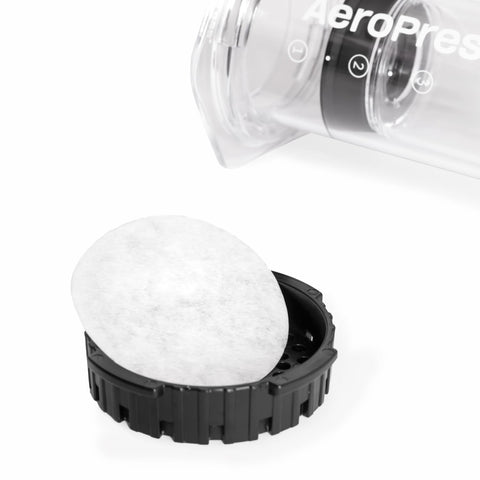 AeroPress compostable white paper filters packaging emphasizing eco-friendly design