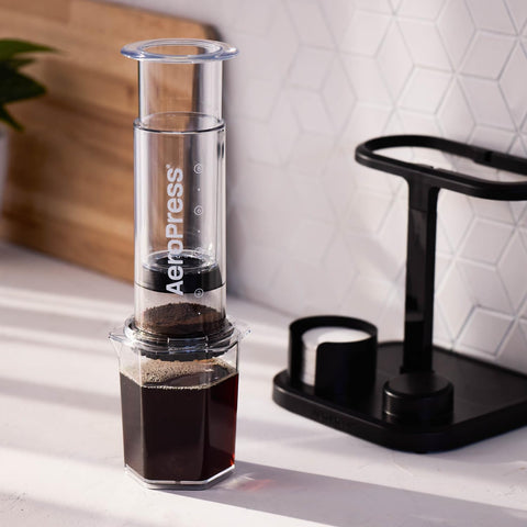 AeroPress Organizer Stand on a countertop emphasizes its small footprint.
