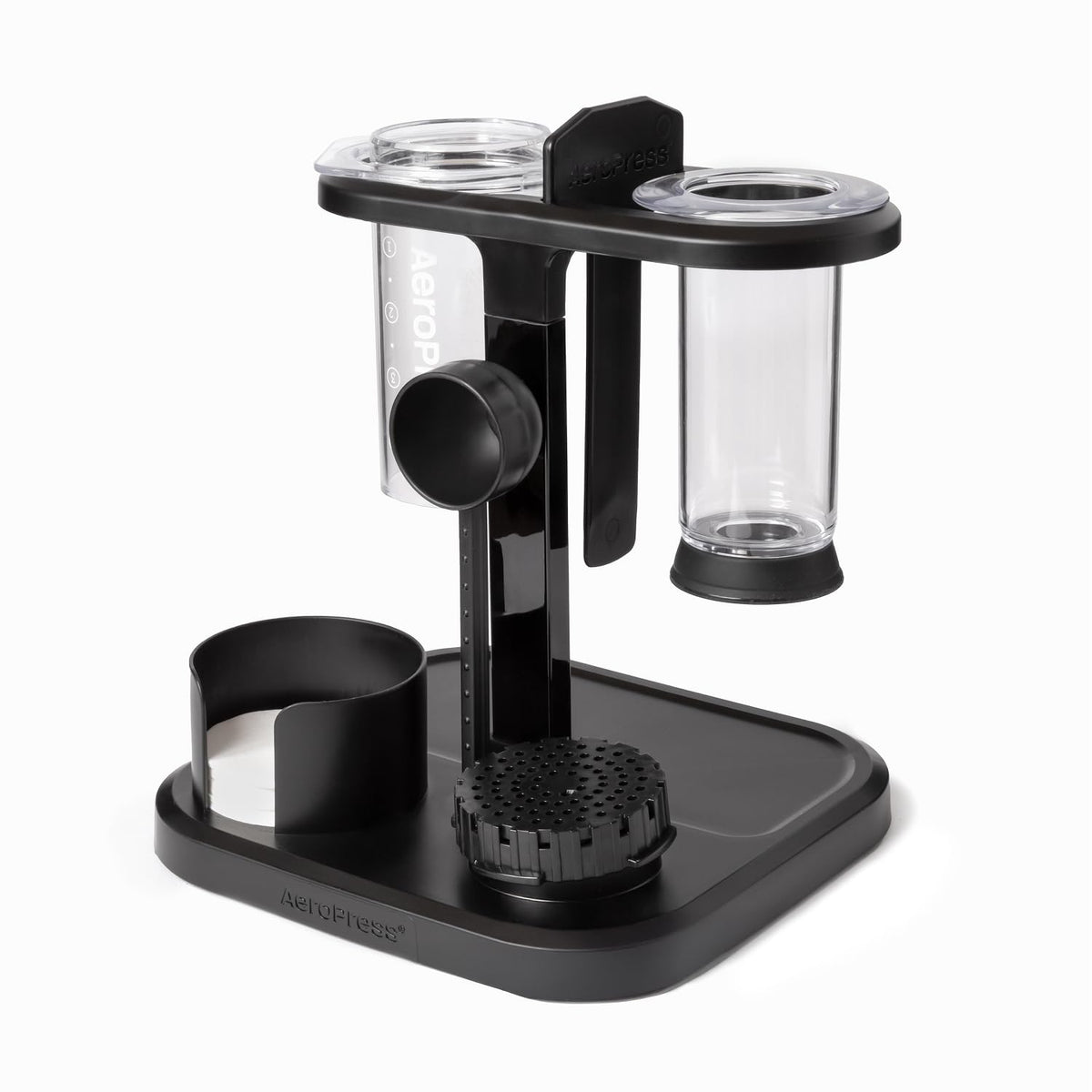 AeroPress Organizer Stand front view showing compact storage for accessories within reach.