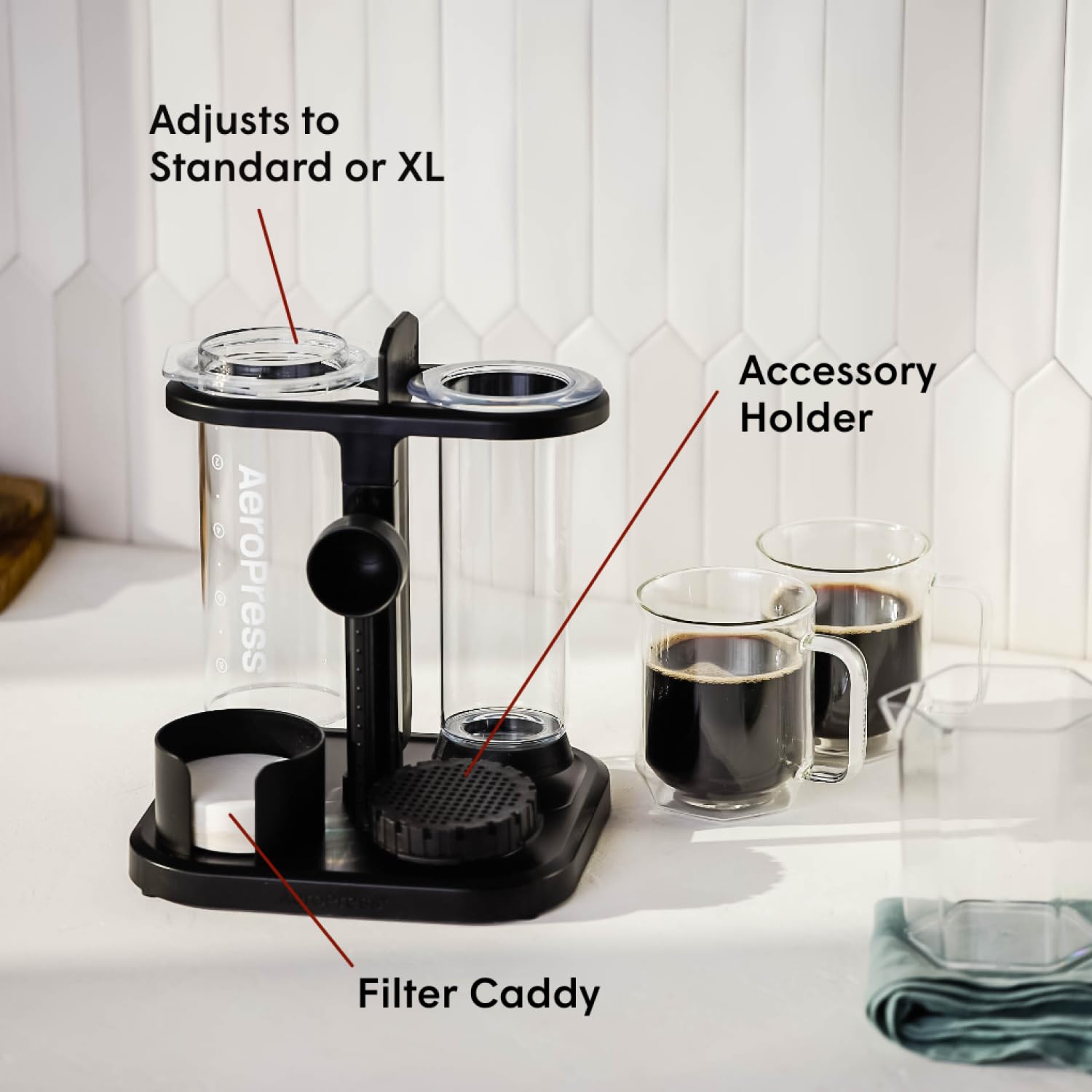 AeroPress Organizer Stand side view highlights dedicated spots for maker, filters, and scoop.