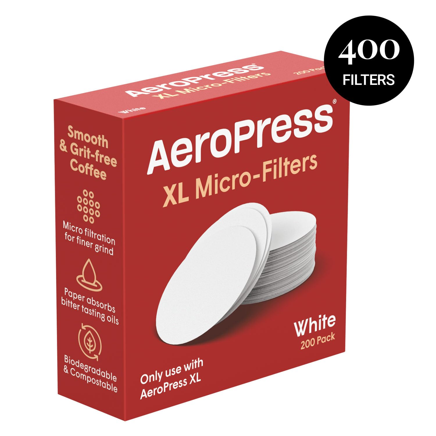 Eco-friendly label on AeroPress XL filters emphasizing chlorine-free paper