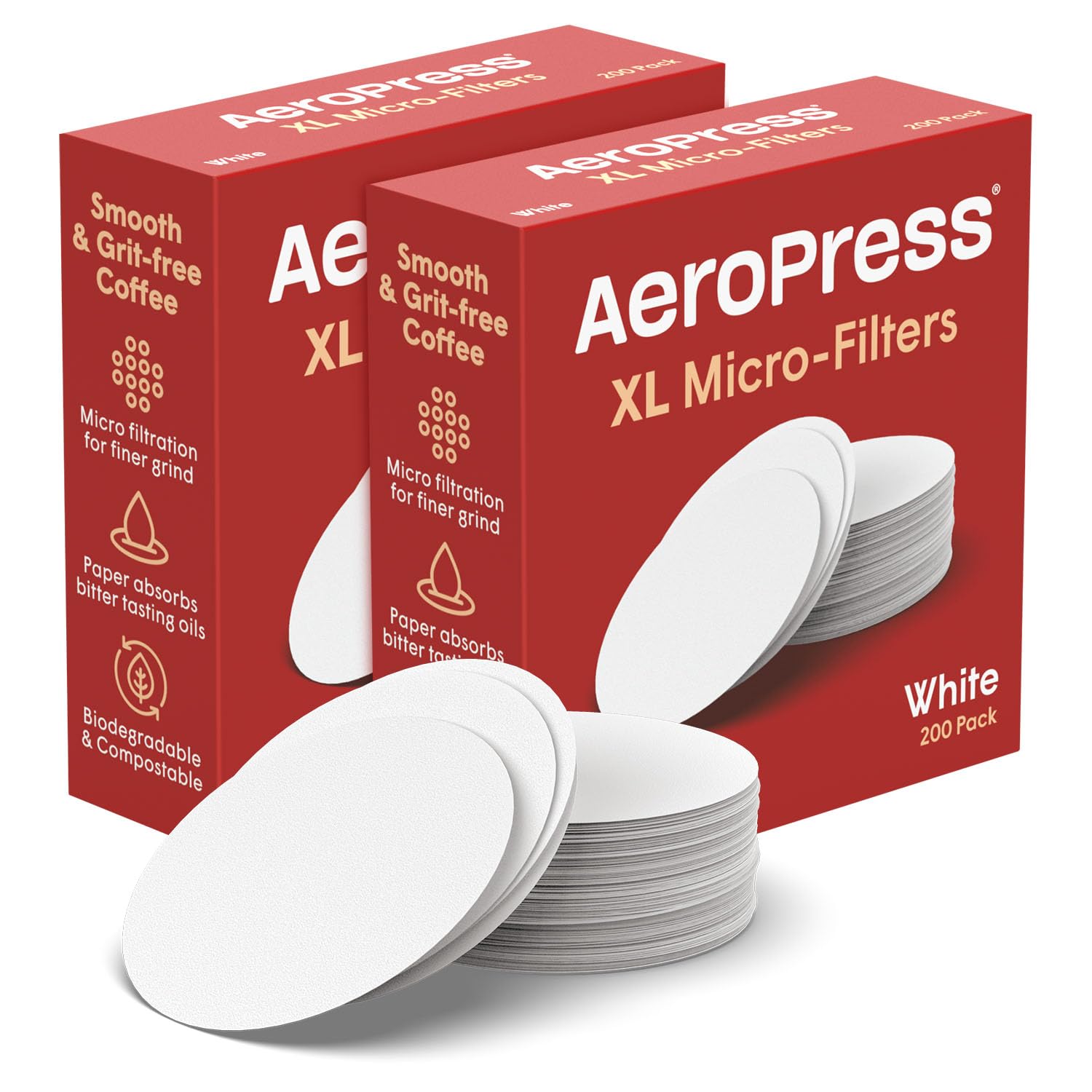 AeroPress XL filters packaging highlights compostable white paper construction
