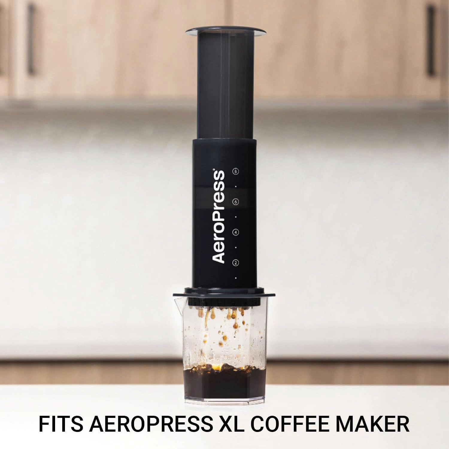 AeroPress XL compatibility diagram shows filters fit XL unit for even extraction