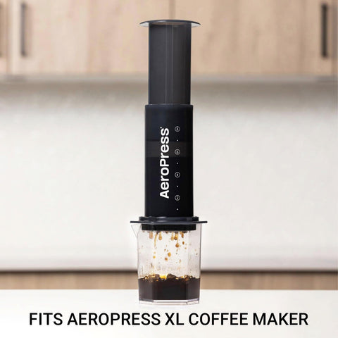 AeroPress XL compatibility diagram shows filters fit XL unit for even extraction
