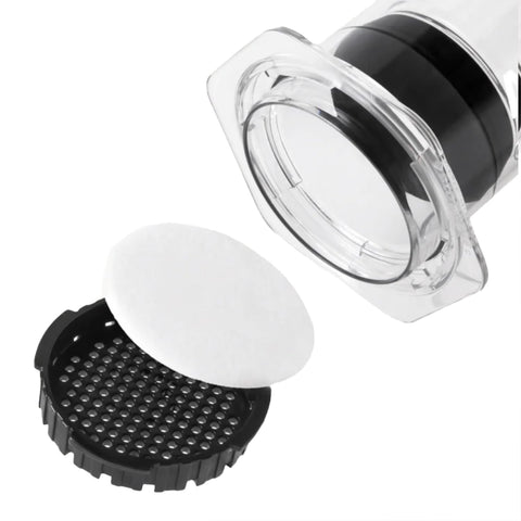 AeroPress XL manual coffee maker with filters on display for XL-size compatibility.