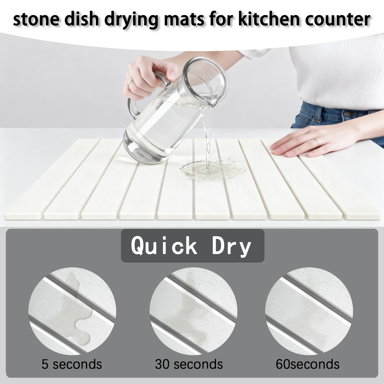 Aetherforge white and black stone drying mat on a kitchen counter.