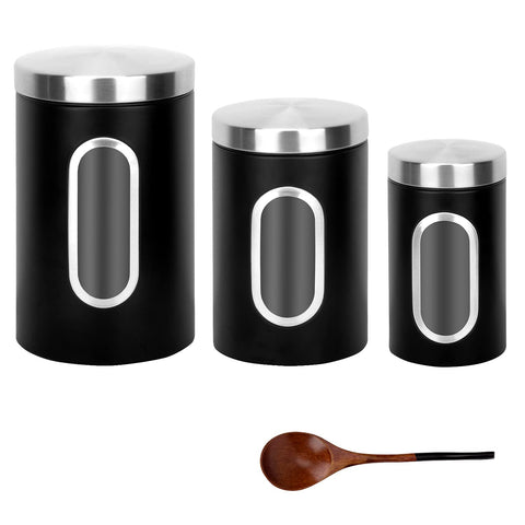 AEUNKIUO black canister with wooden spoon and clear window for easy ingredient viewing.