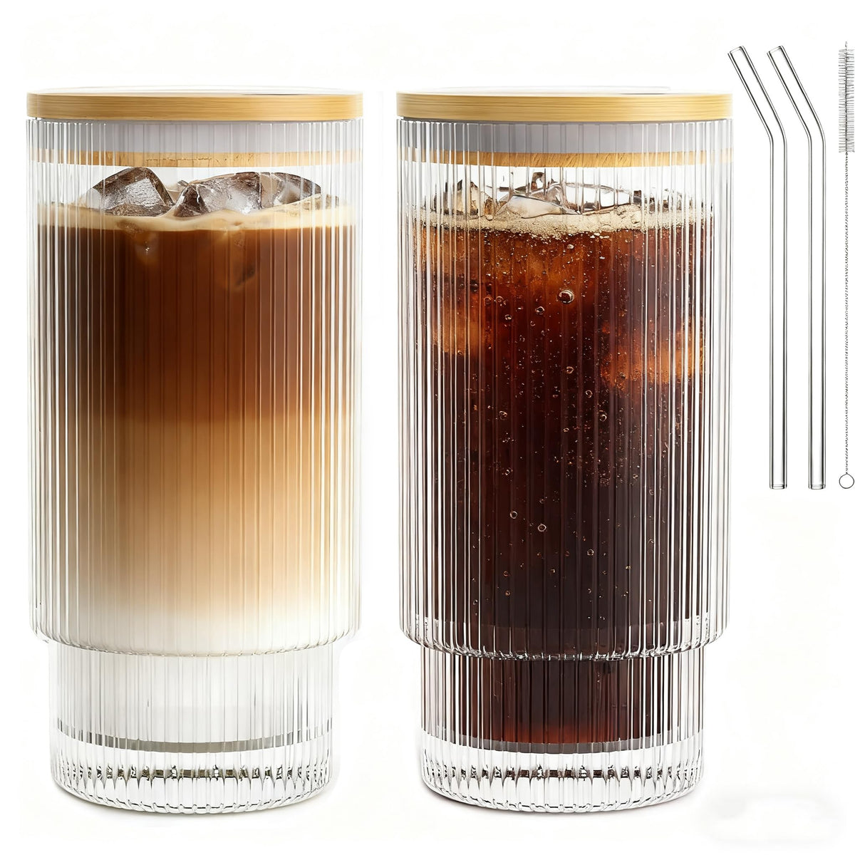 AFINSEA ribbed glass cups with lids and straws for daily iced drinks.