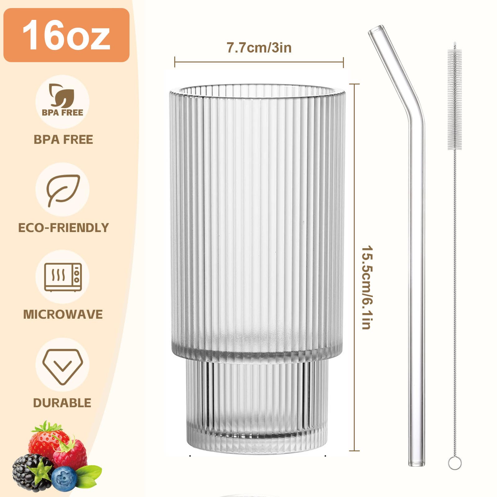 AFINSEA ribbed glass tumbler with straw ideal for cocktails and beer.