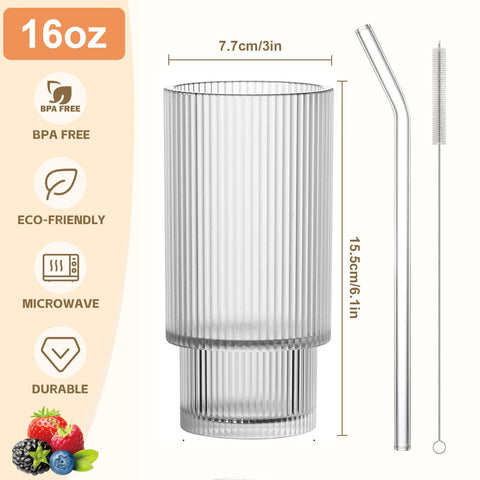 AFINSEA ribbed glass tumbler with straw ideal for cocktails and beer.