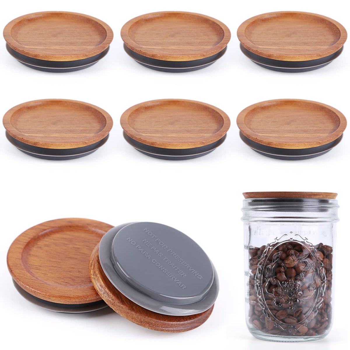 AFOROEOA 6-pack wide mouth mason jar lids with acacia wood and airtight silicone seal for freshness
